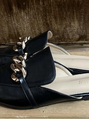 Women’s Black Slip-On Loafers with Gold Chain Accent